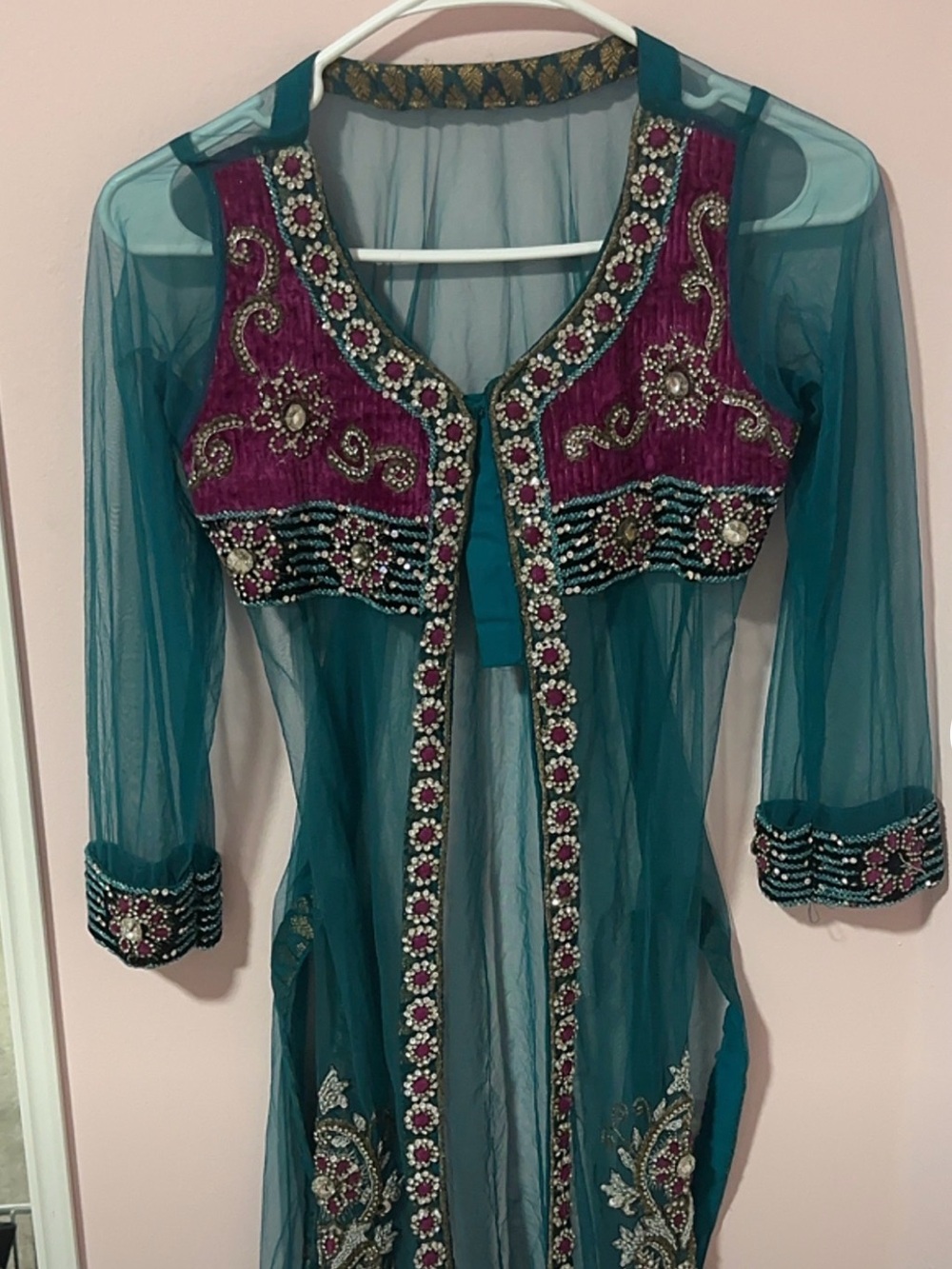 Embellished Teal and Magenta Women's Sheer Top